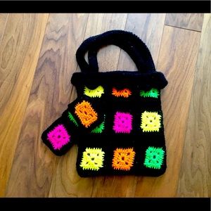 Vintage Retro Neon Hand Knitted Bag &Matching Glasses Case, 70’s Pool Party Time